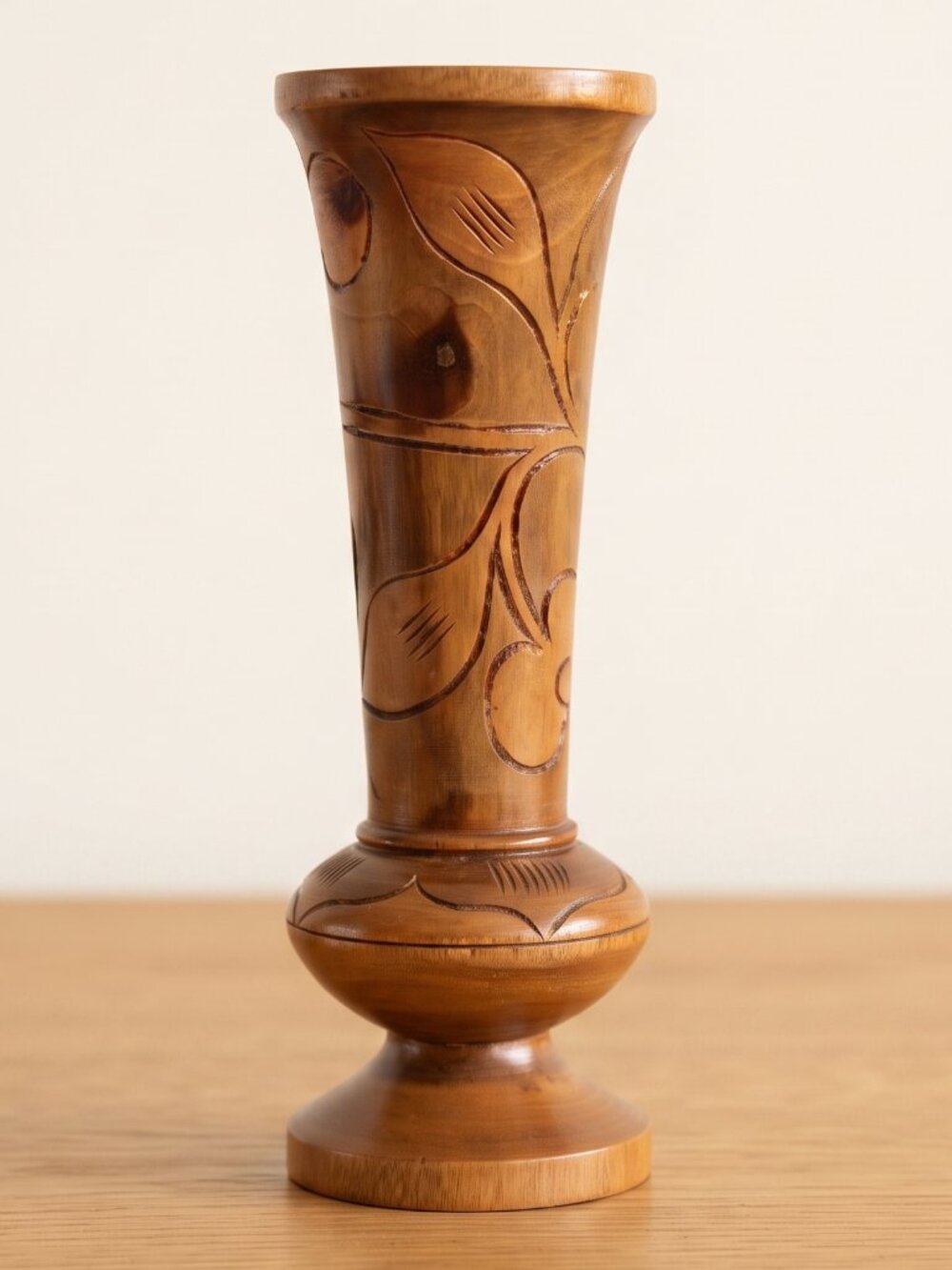 Vintage 12 In Hand Carved Two Tone Wood Floral Leaf Pedestal Vase MCM Decor